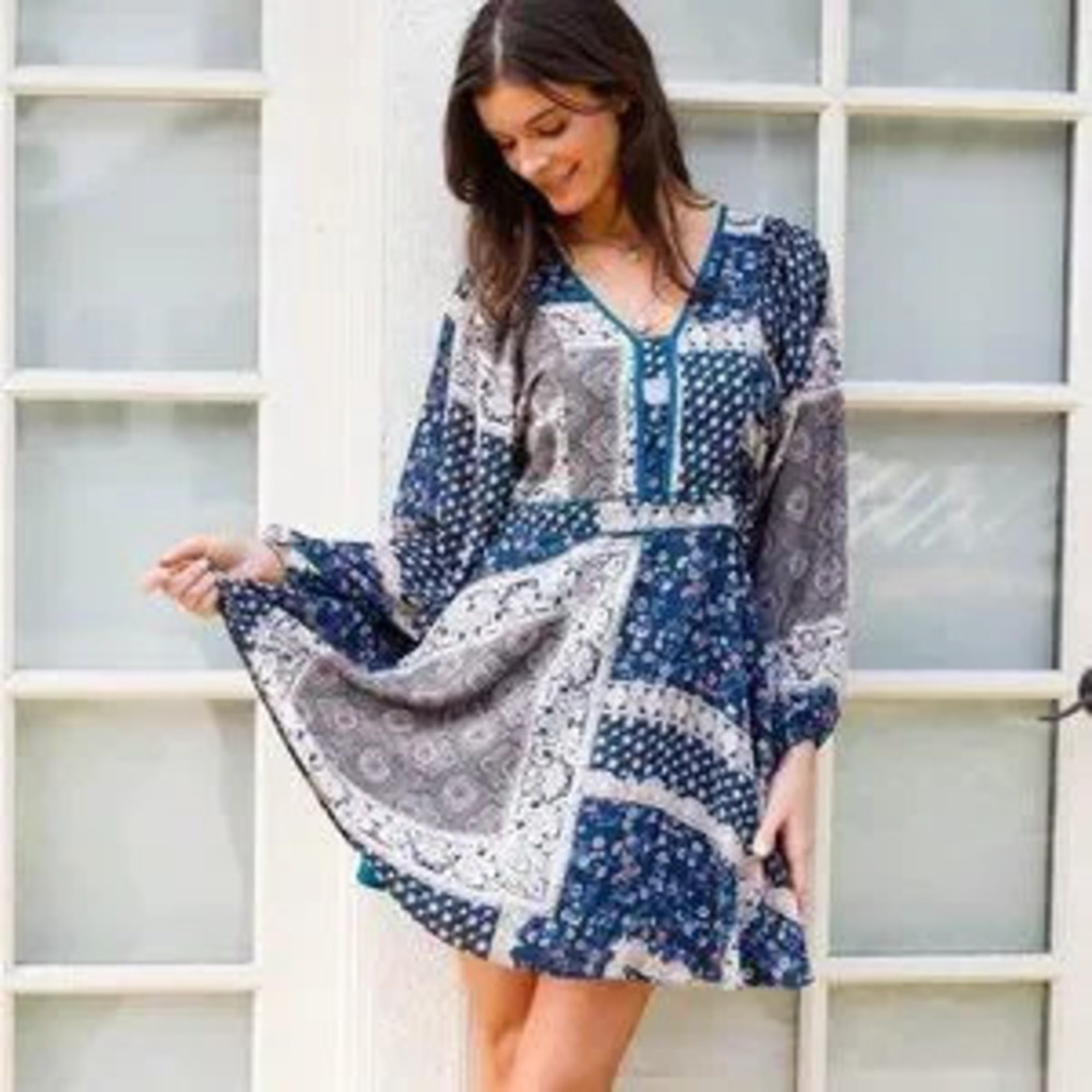 Boho Paisley Print Balloon Long Sleeve Mini Dress